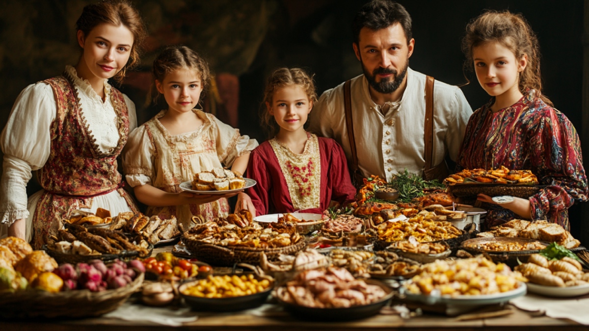 Eine Familie vor einem voll gedeckten Tisch. (KI-generiert)