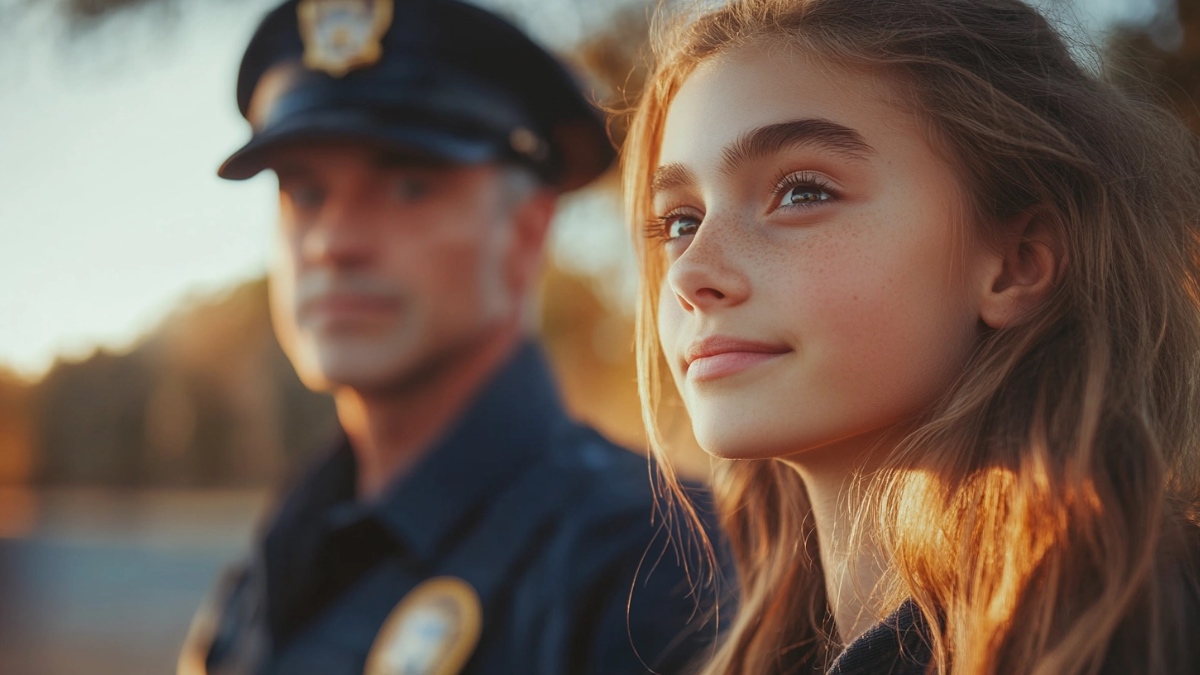 Ein Polizist und Mädchen. (KI-generiert)