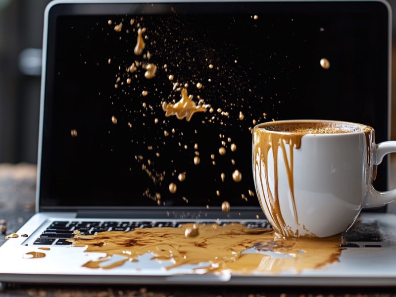 Kaffee spritzt auf einen Laptop. (KI-generiert)
