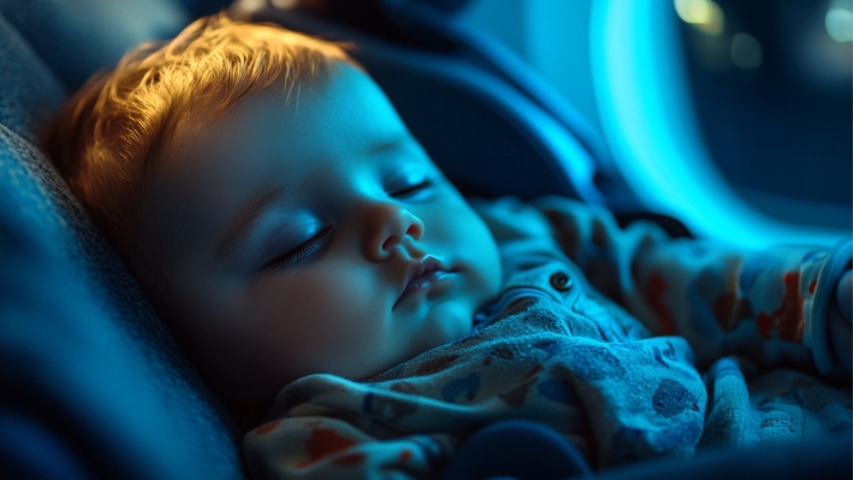 Ein Baby im Flugzeug. (KI-generiert)