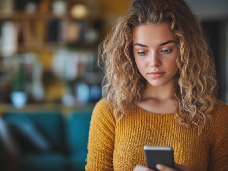 Eine junge Frau schaut auf ihr Smartphone.