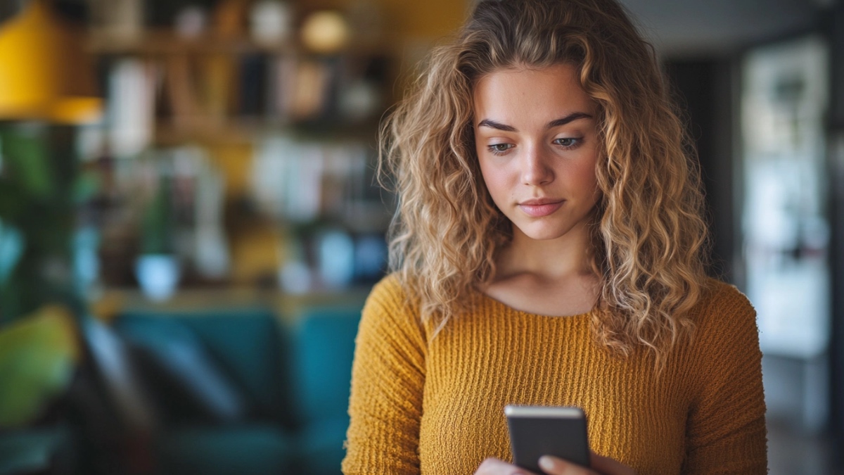 Eine junge Frau schaut auf ihr Smartphone.