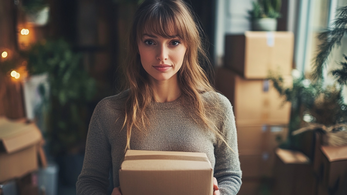 Eine Frau mit Paket. (KI-generiert)