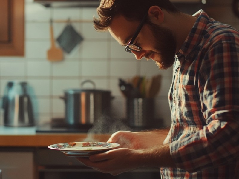 Ein Mann mit einem Teller in der Hand. (KI-generiert)