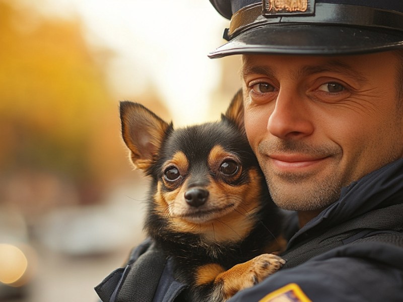 Polizist trägt kleinen Hund. (KI-generiert)
