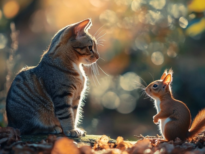 Eine Katze und ein Eichhörnchen.