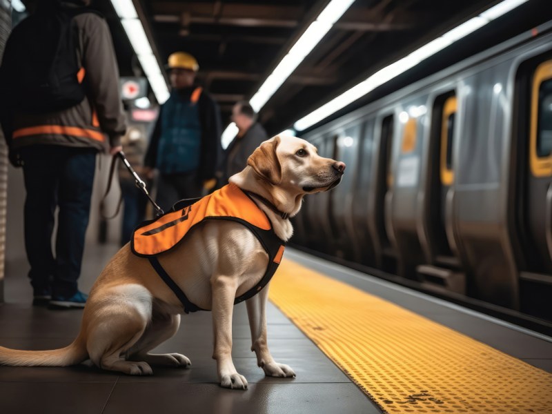 Ein Blindenhund und sein Halter warten in einer U-Bahn auf den Zug.