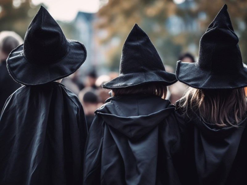 Drei Kinder, die an Halloween als Hexen verkleidet sind, von hinten fotografiert.