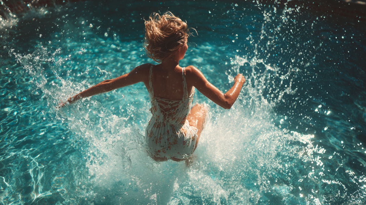 Frau springt in Pool. (KI-generiert)