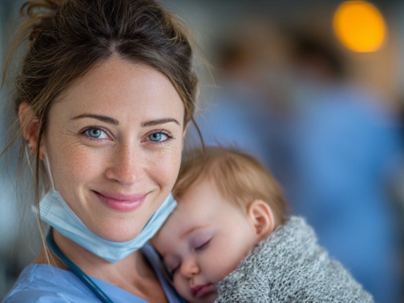 Krankenschwester mit Baby. (KI-generiert)