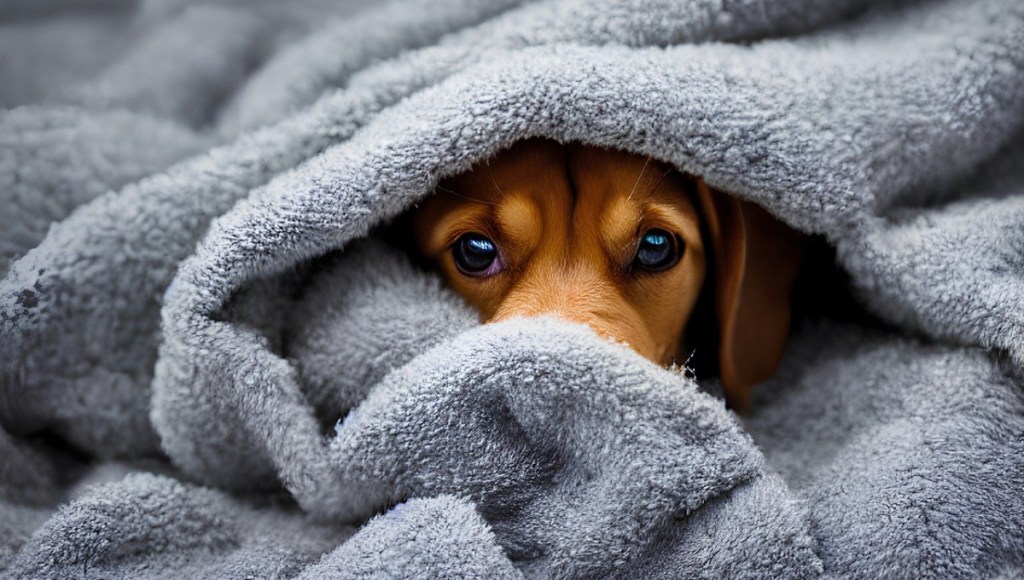 Ein Hund liegt zugedeckt mit einer Decke im Bett.