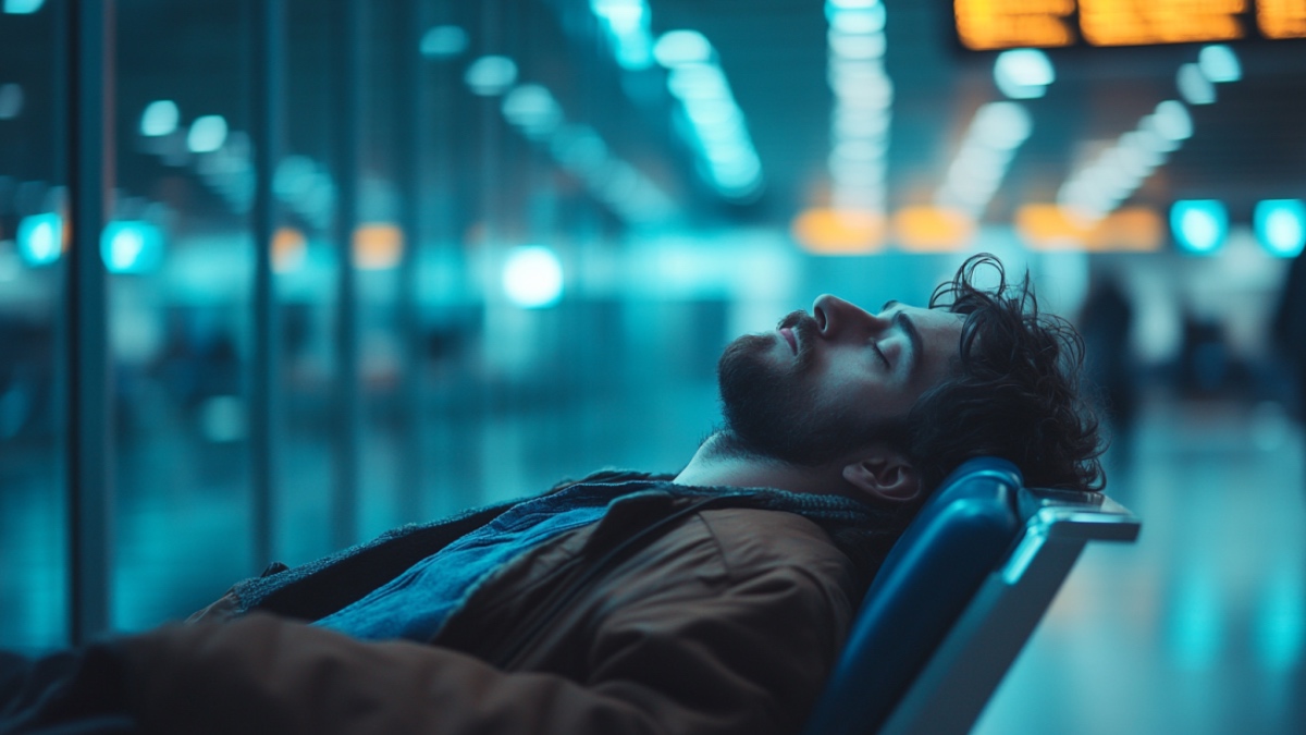 Ein Mann schläft im Flughafen. (KI-generiert)