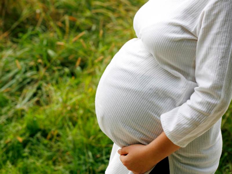 Eine schwangere Frau auf einer Wiese hält sich den Bauch.