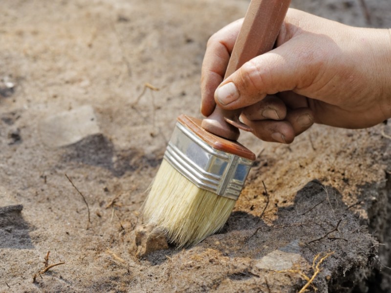 Bei einer archäologischen Ausgrabung wird Erde mit einem Pinsel abgetragen.