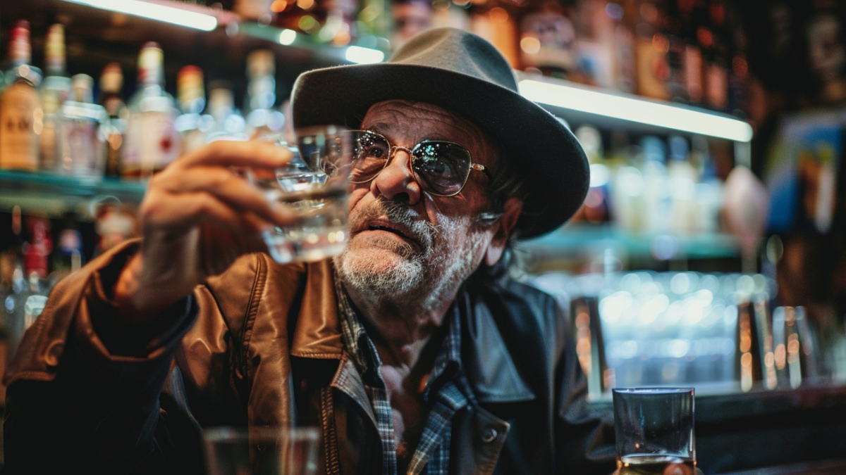 Ein alter Mann in einer Bar, der ein Schnapsglas in der Hand hält.