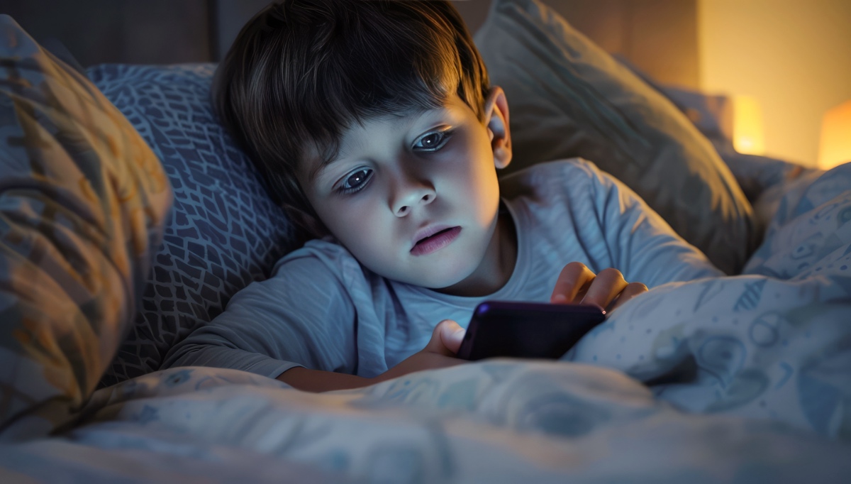 Ein Junge benutzt sein Smartphone in seinem Bett.