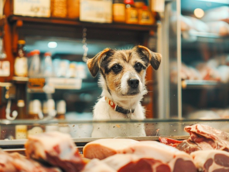 Ein Hund in einer Fleischerei.