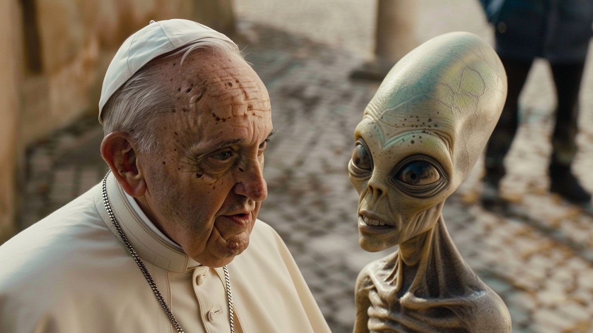 Der Papst steht neben einen Alien.