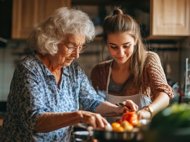 Eine Oma und ihre Enkelin beim Kochen.